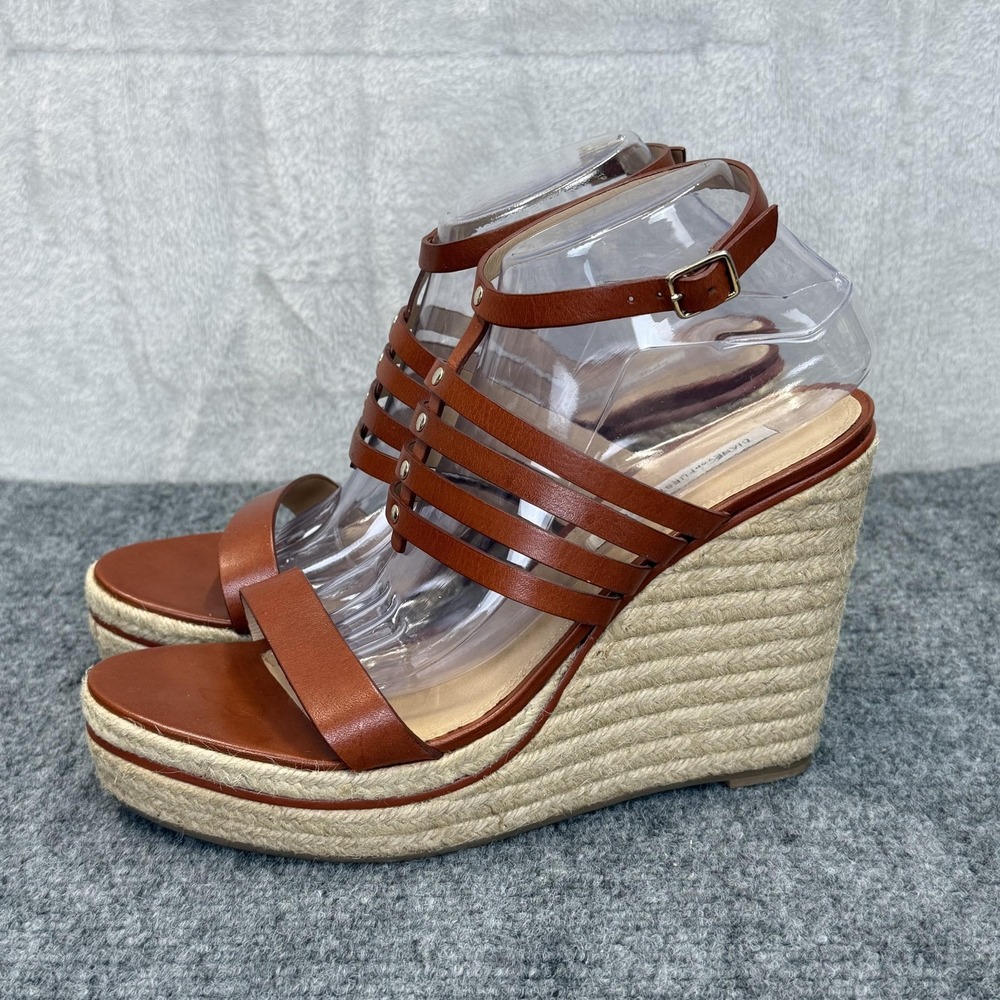 Diane Von Furstenberg Sandals Womens 9.5 Brown GABBY Leather Espadrille Wedge - Picture 2 of 13